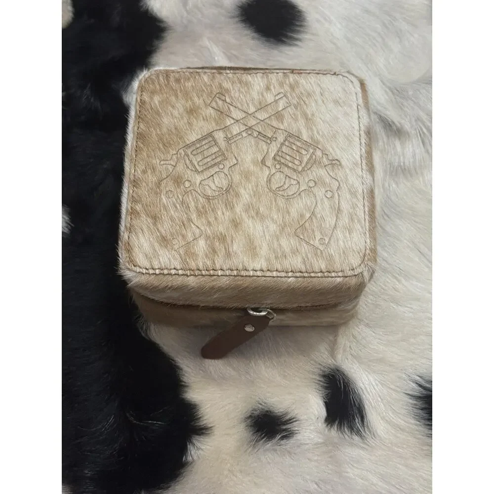 Southwest Tooled Leather Brown Cow Hide Jewelry Box Ring Travel Case Crossed Gun